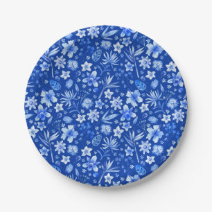 Plato De Papel Patrón de flores y hojas tropicales azul cobalto 7