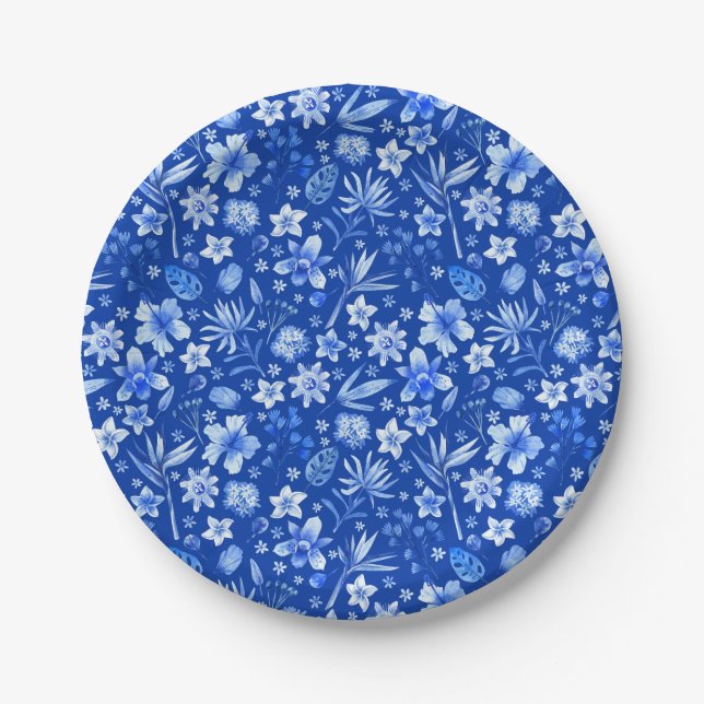 Plato De Papel Patrón de flores y hojas tropicales azul cobalto 7 (Anverso)