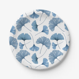 Plato De Papel Patrón de follaje Gingko azul y blanco