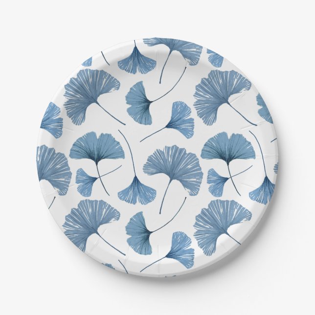 Plato De Papel Patrón de follaje Gingko azul y blanco (Anverso)