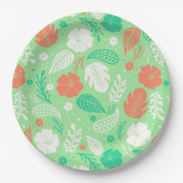 Plato De Papel Patrón de follaje tropical verde y Naranja