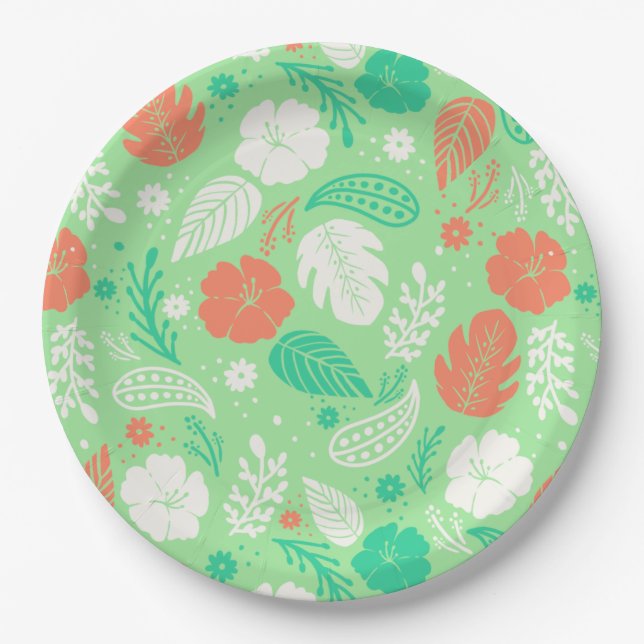 Plato De Papel Patrón de follaje tropical verde y Naranja (Anverso)