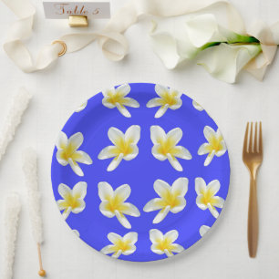 Plato De Papel Patrón de frangipani azul y amarillo,
