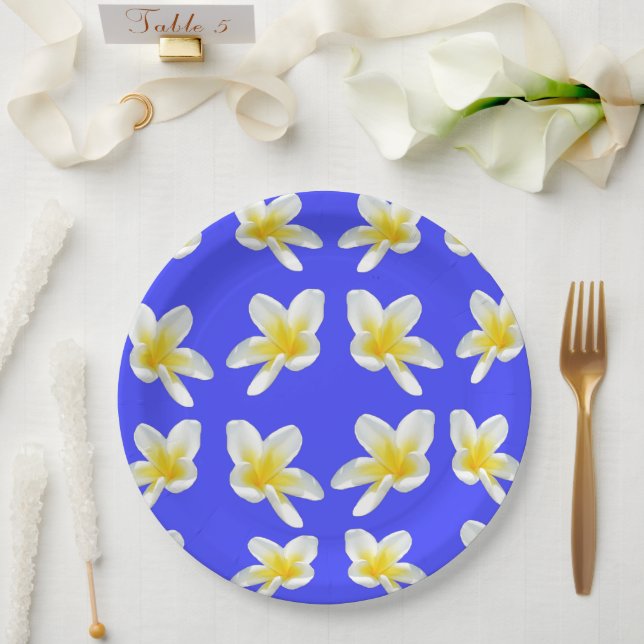 Plato De Papel Patrón de frangipani azul y amarillo, (Boda)