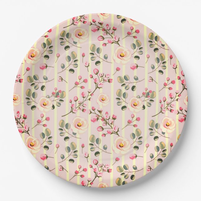 Plato De Papel Patrón de franja floral rosa suave (Anverso)