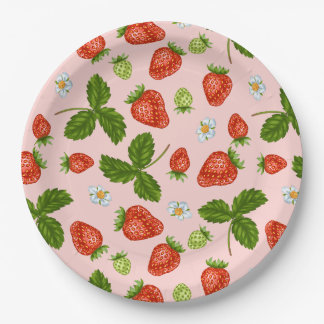 Plato De Papel Patrón de Fresa Fondo Rosa