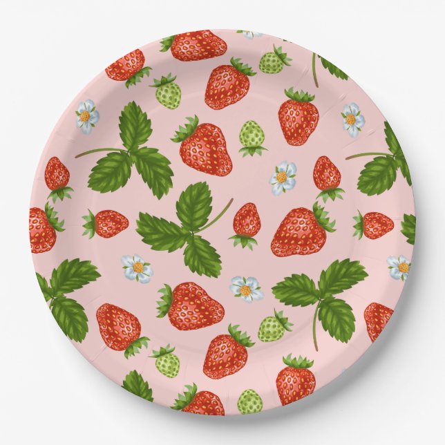 Plato De Papel Patrón de Fresa Fondo Rosa (Anverso)