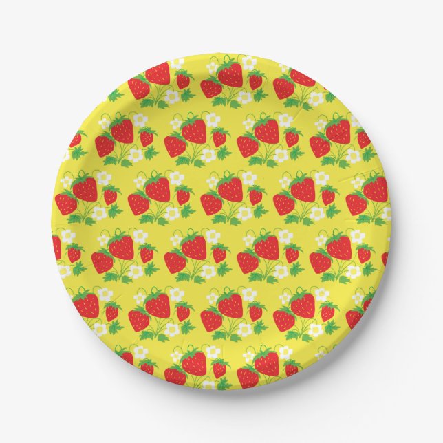 Plato De Papel Patrón de Fresa y Flores Amarillo (Anverso)