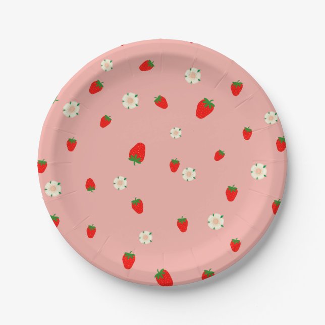 Plato De Papel Patrón de fresas y flores (Anverso)