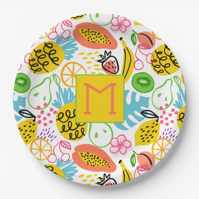 Plato De Papel Patrón de fruta de verano monogramado (Anverso)