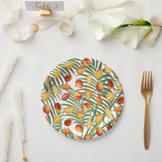Plato De Papel Patrón de frutas de verano de mango y vegetación v (Boda)