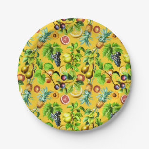 Plato De Papel Patrón De Frutas En Fondo Amarillo