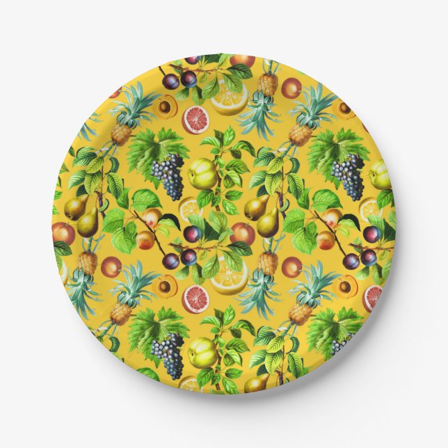 Plato De Papel Patrón De Frutas En Fondo Amarillo (Anverso)
