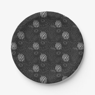Plato De Papel Patrón de frutas sin fisuras negro y blanco Tropic