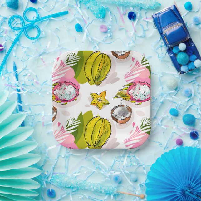 Plato De Papel Patrón de frutas texturadas a mano libre (Fiesta)