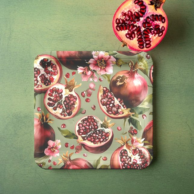 Plato De Papel Patrón de frutas y flores de granada exuberante (Subido por el creador)