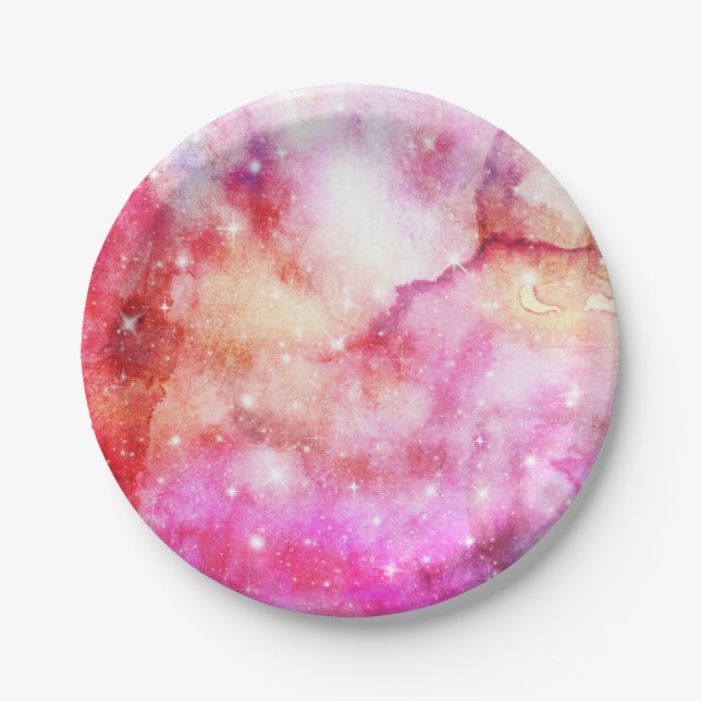 Plato De Papel Patrón de galaxia rosa y rojo (Anverso)
