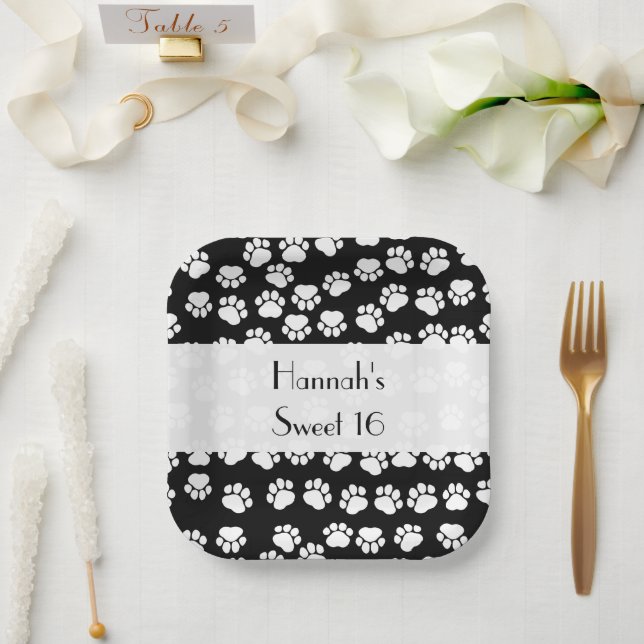 Plato De Papel Patrón de garras, garras de perro, negro y blanco, (Boda)