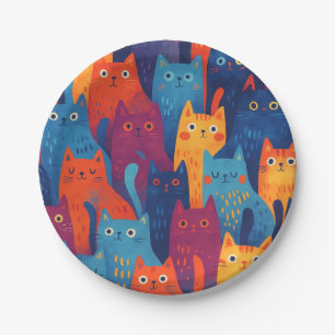 Plato De Papel Patrón de gato de dibujos animados colorido   Gato