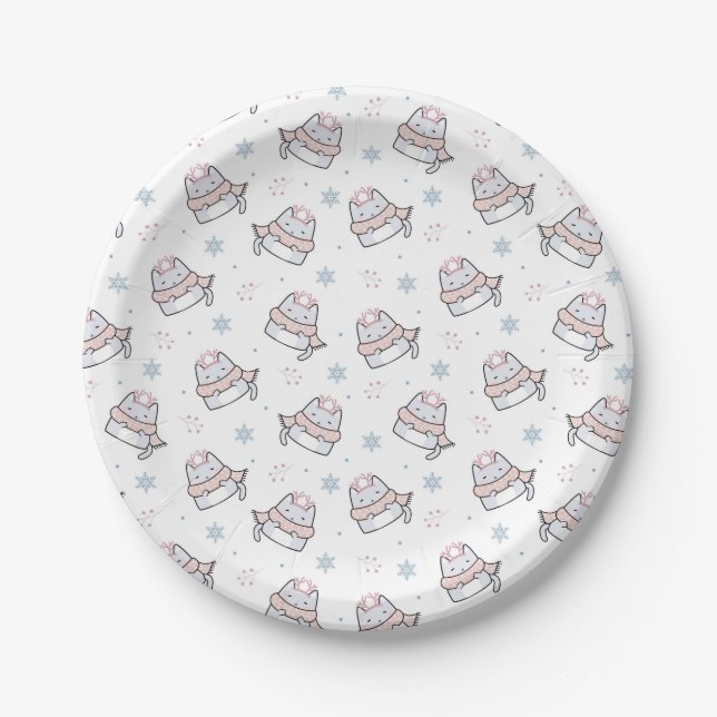 Plato De Papel Patrón de gato de invierno con escarbas y copo de  (Anverso)