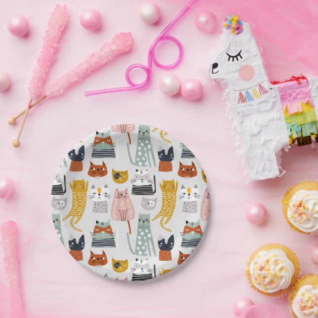 Plato De Papel Patrón de gato dibujado a mano de perro (Fiesta)