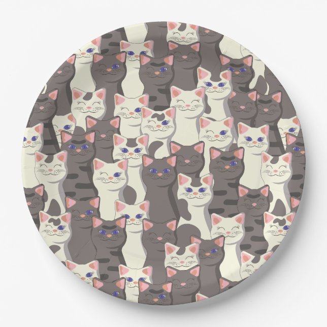 Plato De Papel Patrón de gatos blancos y grises (Anverso)