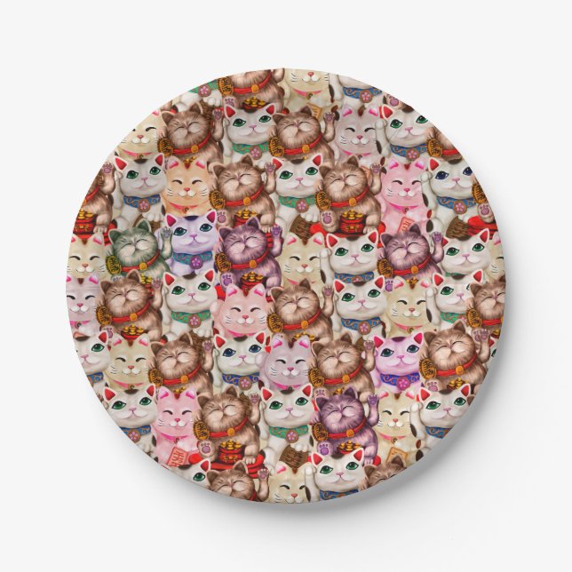 Plato De Papel Patrón de gatos Maneki-neko (Anverso)