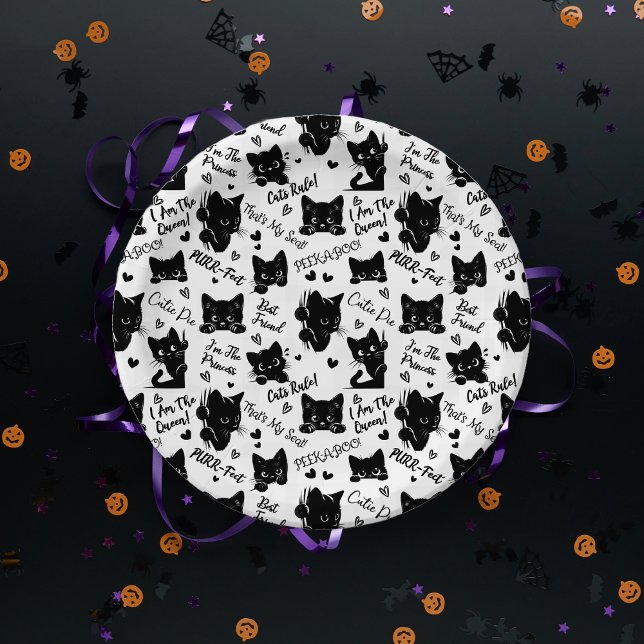 Plato De Papel Patrón de gatos y dichos negros (Cute Black Cats and Sayings with Hearts Pattern  for Cat Lovers and Halloween Paper Plates)