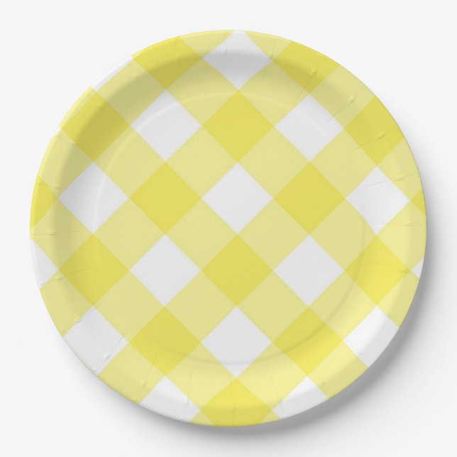 Plato De Papel Patrón de gingham amarillo (Anverso)