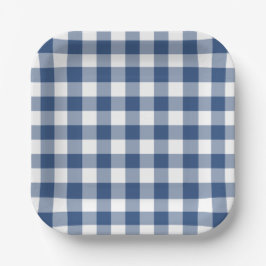 Plato De Papel Patrón de Gingham blanco azul