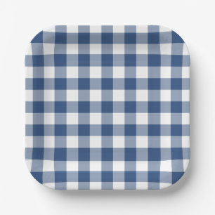 Plato De Papel Patrón de Gingham blanco azul