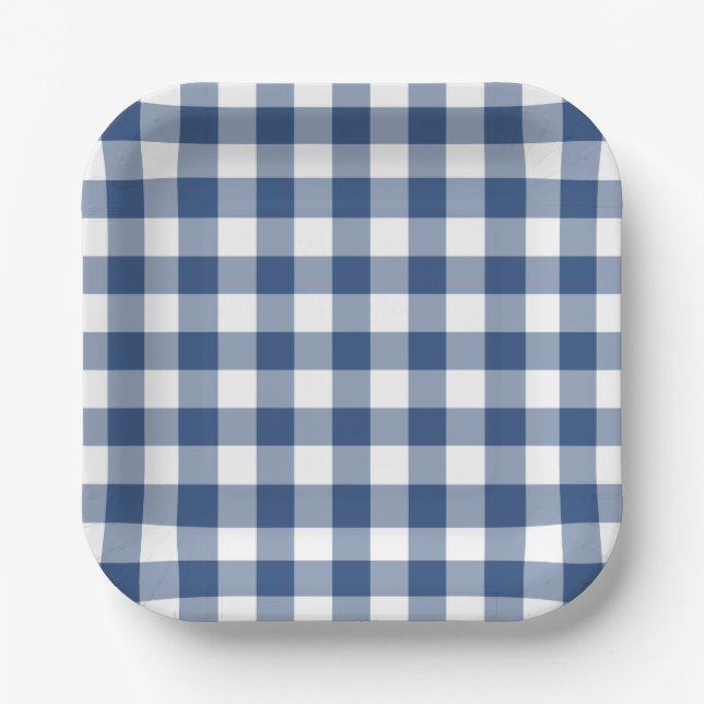 Plato De Papel Patrón de Gingham blanco azul (Anverso)