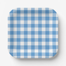 Plato De Papel Patrón de Gingham blanco azul claro