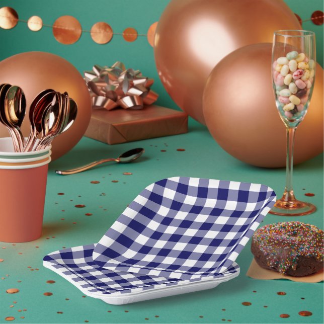 Plato De Papel Patrón de Gingham blanco azul marino (Multi)