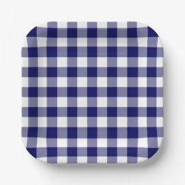 Plato De Papel Patrón de Gingham blanco azul marino