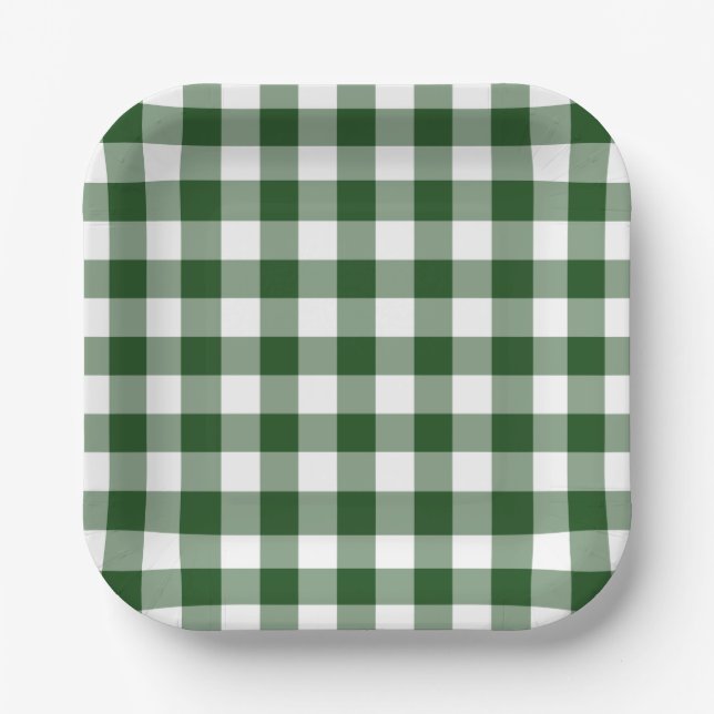 Plato De Papel Patrón de Gingham blanco verde (Anverso)