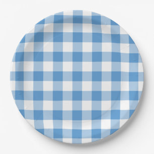 Plato De Papel Patrón de Gingham blanco y azul claro