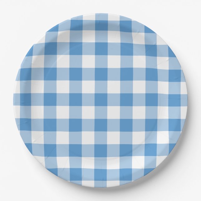 Plato De Papel Patrón de Gingham blanco y azul claro (Anverso)