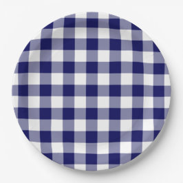 Plato De Papel Patrón de Gingham blanco y naval