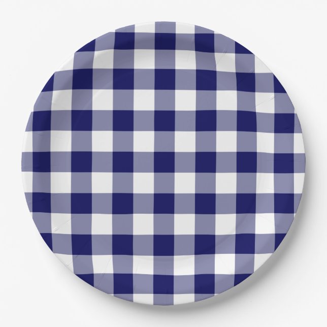 Plato De Papel Patrón de Gingham blanco y naval (Anverso)