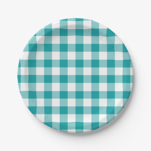 Plato De Papel Patrón de Gingham blanco y turquesa