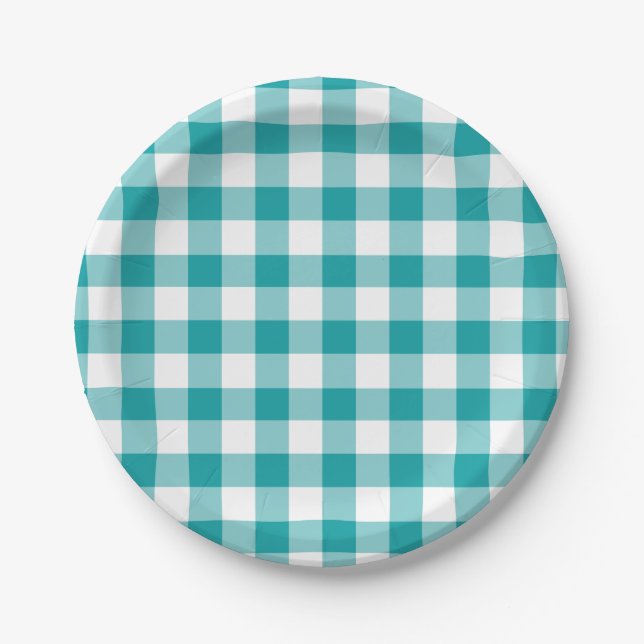 Plato De Papel Patrón de Gingham blanco y turquesa (Anverso)