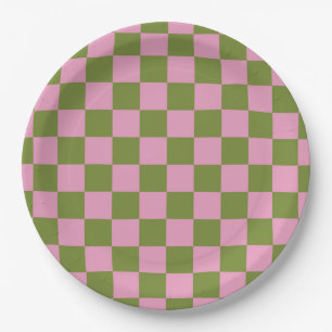 Plato De Papel Patrón de Gingham de color verde rosa