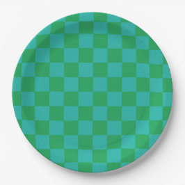 Plato De Papel Patrón de Gingham de Green Blue Checkered
