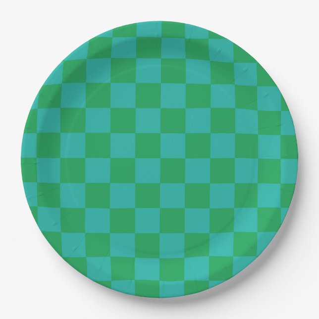 Plato De Papel Patrón de Gingham de Green Blue Checkered (Anverso)