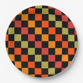Plato De Papel Patrón de Gingham de naranja Black Checkered