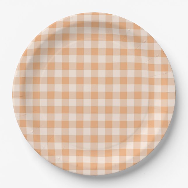 Plato De Papel Patrón de Gingham de Peach White Checkered (Anverso)