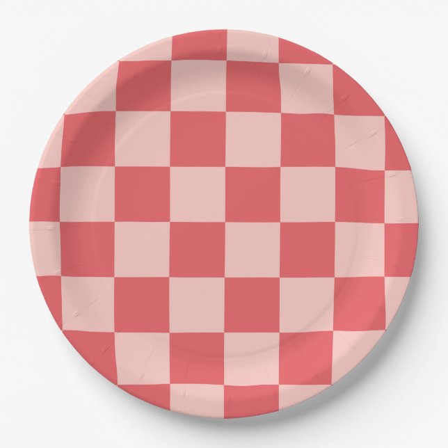 Plato De Papel Patrón de Gingham de Red Checkered Rosa (Anverso)