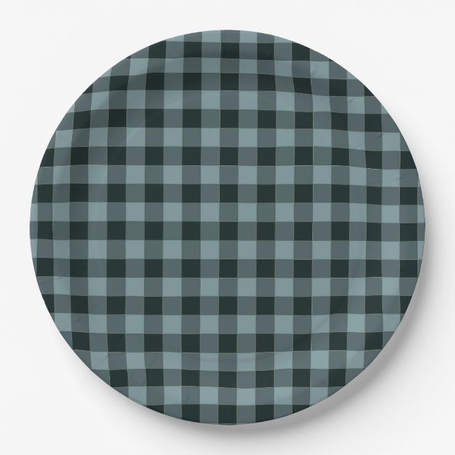 Plato De Papel Patrón de Gingham negro azul (Anverso)