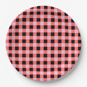Plato De Papel Patrón de Gingham negro rosado